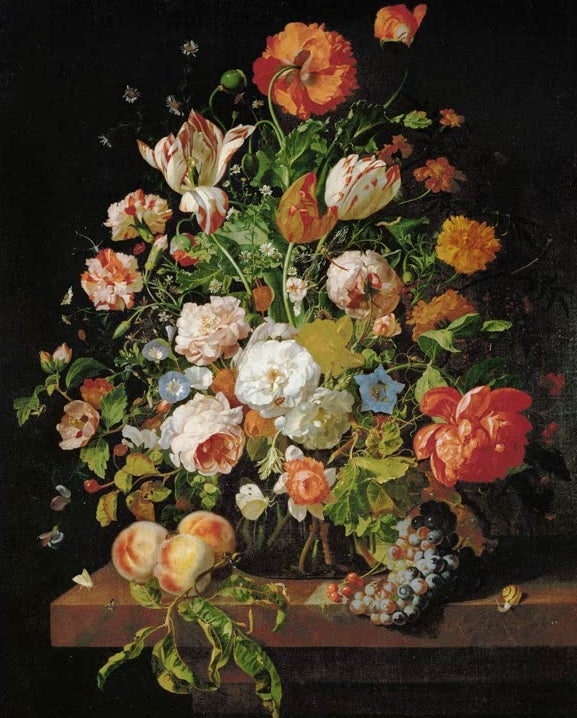 Rachel Ruysch Blumenstrauß mit Pfirsichen und Trauben Kunstkopie, gestreifte Tulpen, Rosen und Früchte auf einer Steinplatte