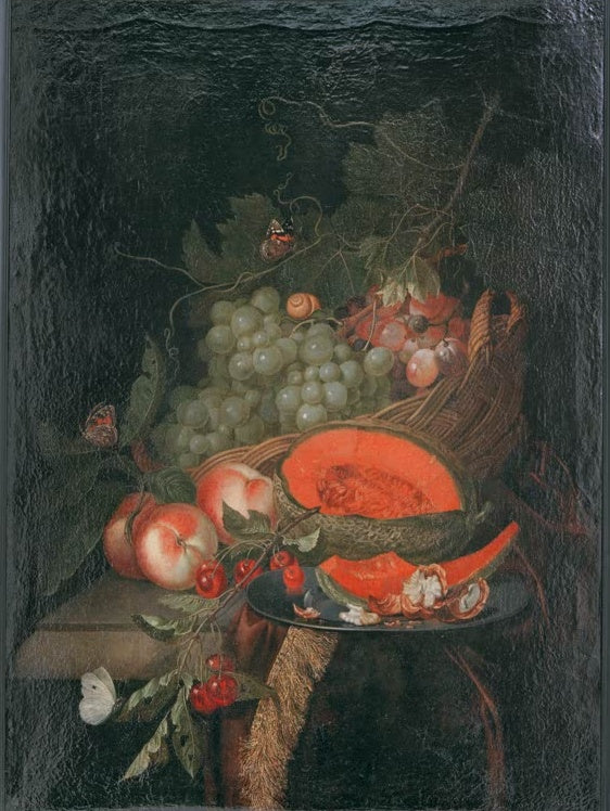 Rachel Ruysch Früchtestilleben mit Melone Kunstkopie, Obstkorb mit Trauben, Pfirsichen, Kirschen und aufgeschnittener Melone