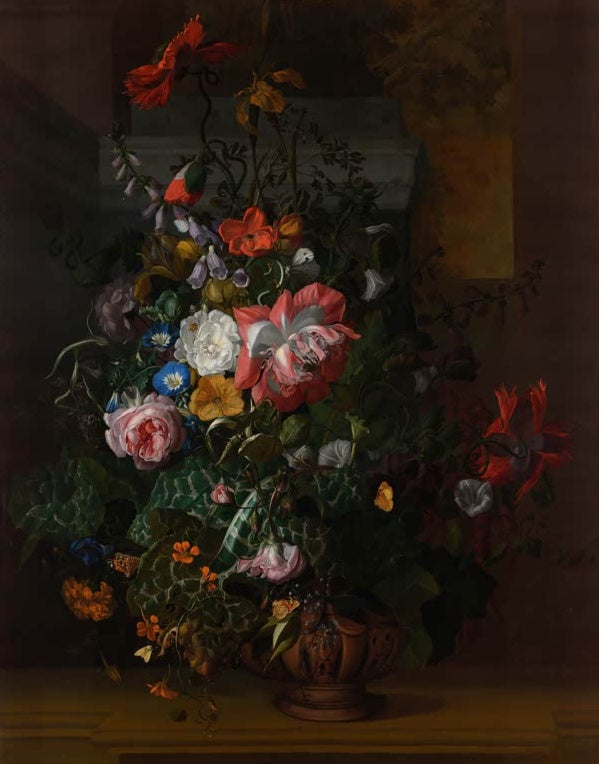 Rachel Ruysch Rosen, Winde, Mohnblumen und andere Blumen in einer Urne auf einer Steinkante Kunstkopie