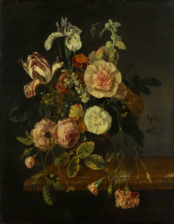 Rachel Ruysch Stillleben mit Blumen, Iris und Stockrosen Kunstkopie, Tulpe, Rosen und Nelken auf einer Marmorplatte