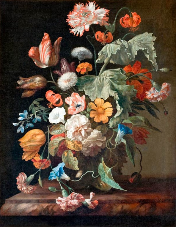 Rachel Ruysch Stillleben mit Blumen und Feuerlilien Kunstkopie, Tulpen, Federnelken und Winden auf einer Marmorplatte