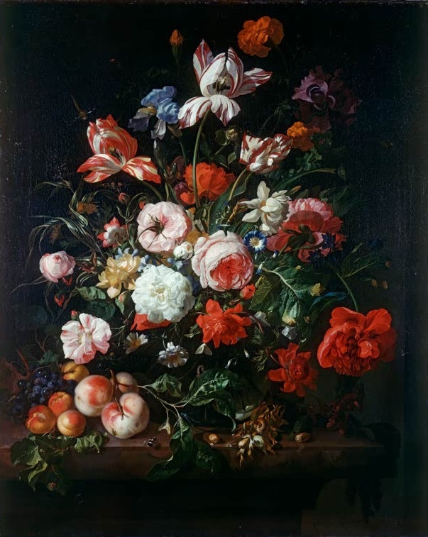 Rachel Ruysch Stillleben mit Blumen und Früchten Kunstkopie, Tulpen und Rosen über Pfirsichen und blauen Trauben