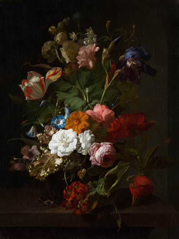 Rachel Ruysch Vase mit Blumen Kunstkopie, Tulpe, blaue Iris, Rosen und rote Aurikeln auf einer Steinplatte