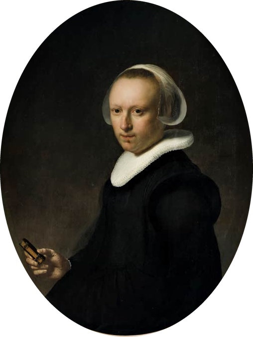 Rembrandt van Rijn Bildnis einer 39-jährigen Frau Kunstkopie, Frau in schwarzem Kleid mit weißer Haube und Kragen im Oval