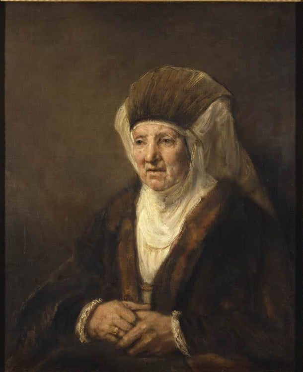 Rembrandt van Rijn Bildnis einer alten Dame Kunstkopie, Greisin mit Pelzhaube und hellem Schleier, die Hände gefaltet