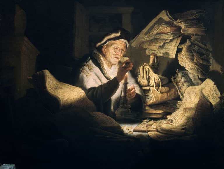 Rembrandt van Rijn Der Geldwechsler Kunstkopie, alter Mann mit Brille und Kerze zwischen Büchern, Papieren und Geldbeutel