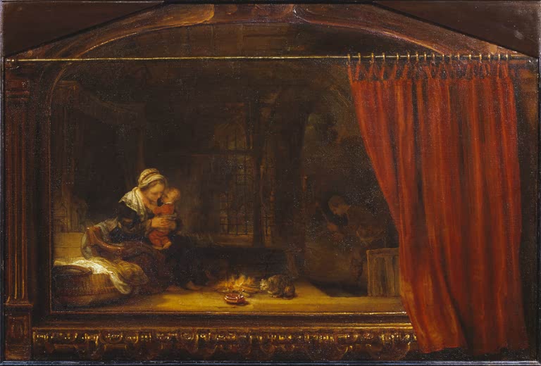 Rembrandt van Rijn Die heilige Familie mit dem Vorhang Kunstkopie, Maria mit Kind, roter Vorhang