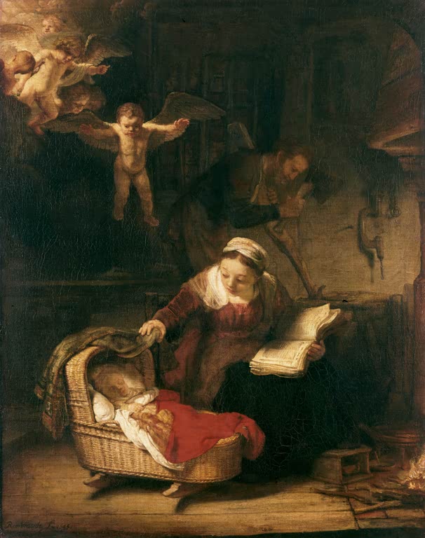 Rembrandt van Rijn Die heilige Familie mit Engeln Kunstkopie, Maria mit Buch an der Wiege