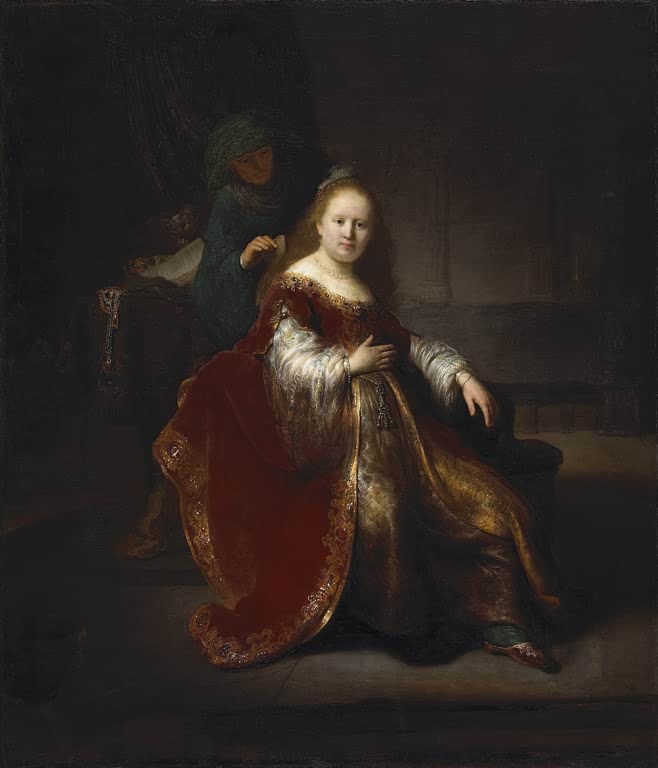 Rembrandt van Rijn Heldin des Alten Testaments Kunstkopie, junge Frau in rotem Samtmantel, hinter ihr eine Dienerin