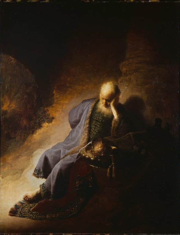 Rembrandt van Rijn Jeremias, über die Zerstörung Jerusalems trauernd Kunstkopie, Prophet in Höhle