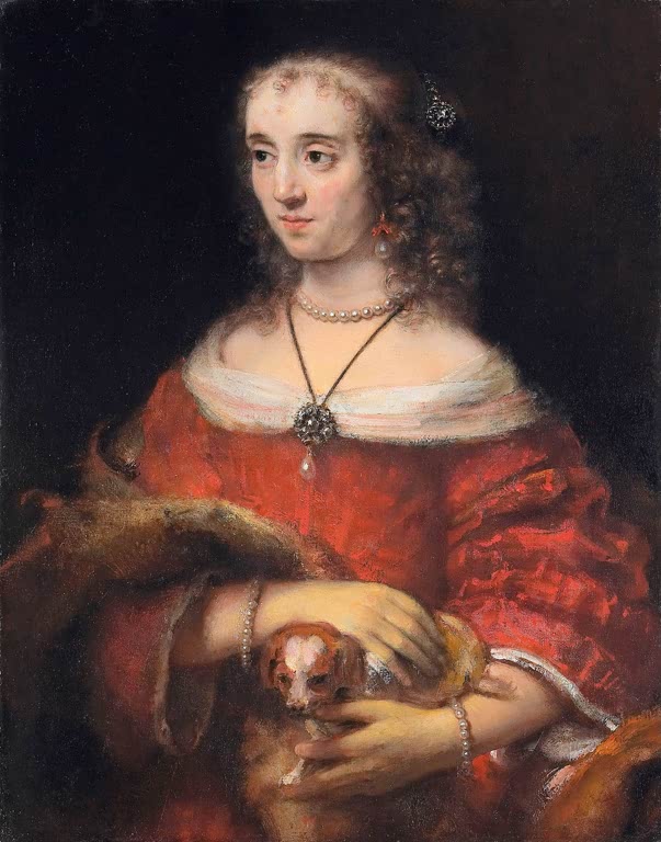 Rembrandt van Rijn Porträt einer Dame mit Schoßhund Kunstkopie, junge Frau im roten Kleid mit Perlenkette und kleinem Hund