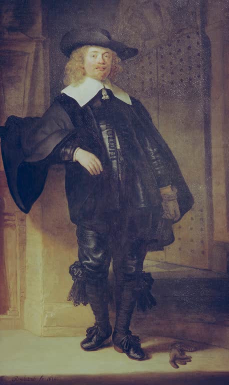Rembrandt van Rijn Porträt von Andries de Graeff Kunstkopie, ganzfiguriger Mann in Schwarz mit Hut