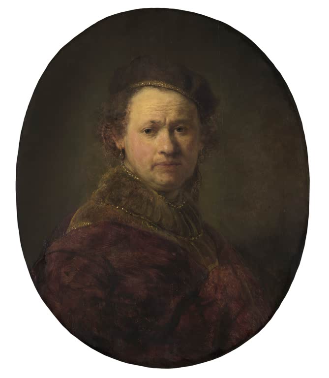 Rembrandt van Rijn Selbstbildnis im Oval Kunstkopie, Maler mit Barett, Pelzkragen und Kette vor dunklem Grund