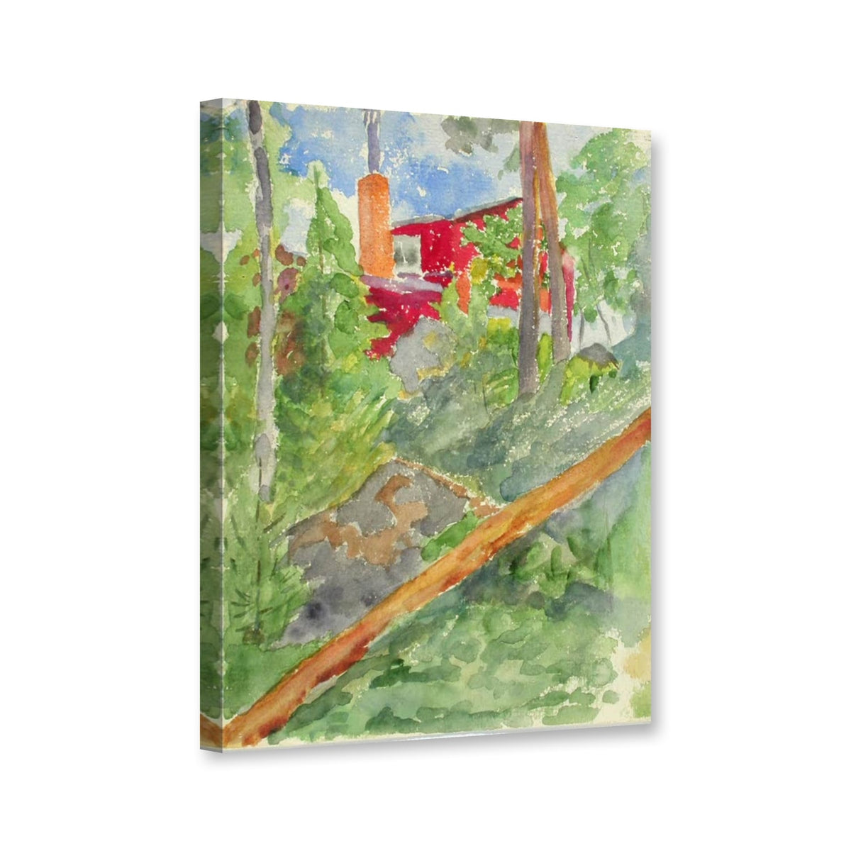 Rotes Gebäude auf einem Felsen zwischen Bäumen von Maria Wiik als Leinwand – Perspektivansicht