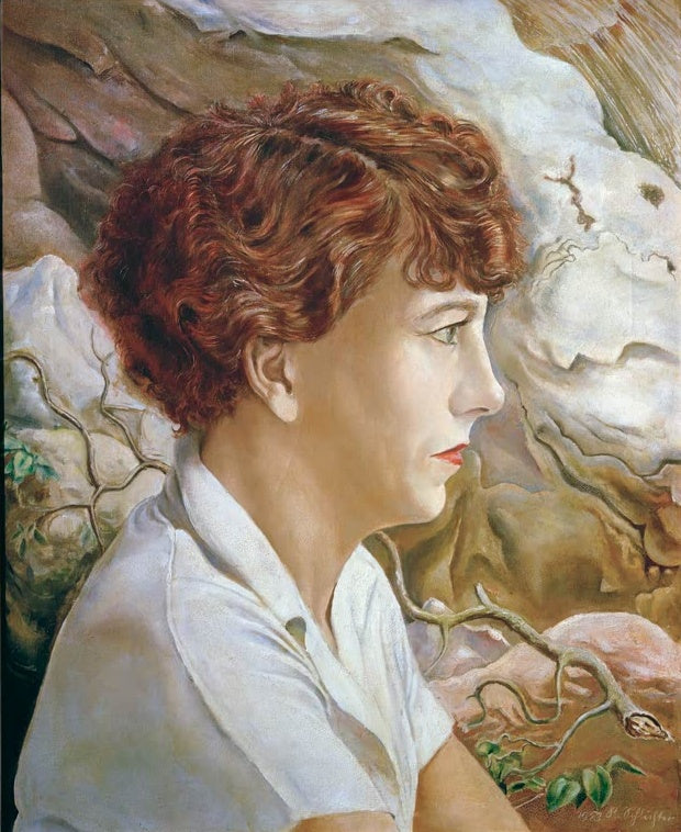 Frau mit roten Locken im Profil vor hellem Felsen – Rudolf Schlichter Bildnis Frau S. (vor Felsen) Kunstkopie