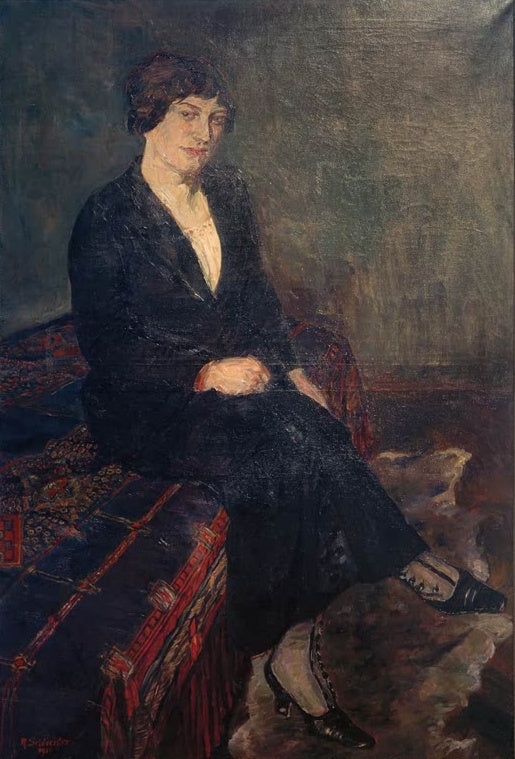 Sitzende Frau in schwarzem Kleid auf einer Truhe – Rudolf Schlichter Die Schwester des Künstlers Kunstkopie