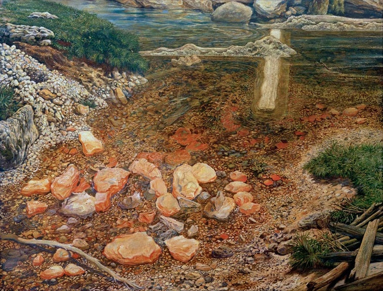 Klarer Bach mit rötlichen Steinen, Gras und Totholz am Ufer – Rudolf Schlichter Durch ein Hindernis gestauter Bach Kunstkopie