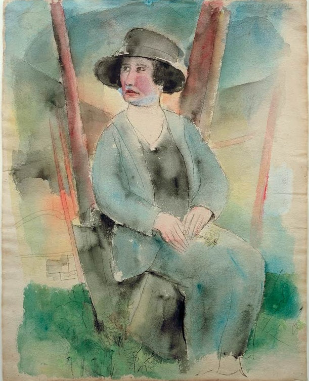 Sitzende Frau mit Hut und blaugrauer Jacke in zarten Aquarelltönen – Rudolf Schlichter Frau mit Hut Kunstkopie