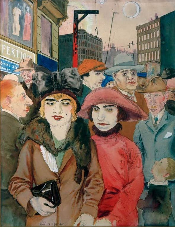 Dichtes Straßengedränge mit geschminkten Frauen in Hüten, Männern und Kind – Rudolf Schlichter Hausvogteiplatz Kunstkopie