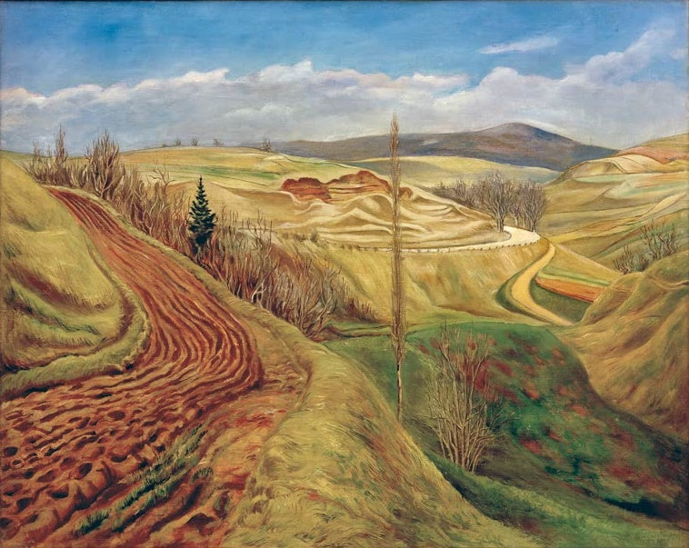 Gewundener roter Feldweg durch gelbgrüne Hügel mit einer schlanken Birke – Rudolf Schlichter Landschaft mit Birke Kunstkopie
