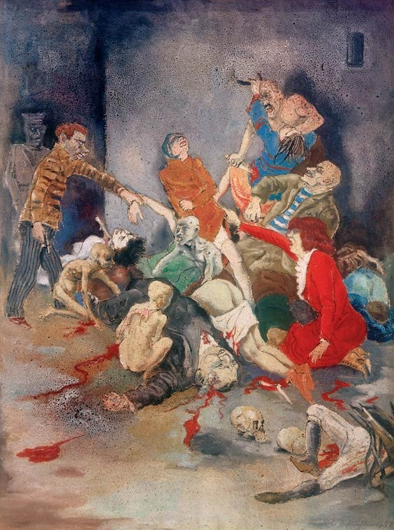 Gedrängte Gruppe verzweifelter und toter Menschen in einem dunklen Raum – Rudolf Schlichter Massenmord Kunstkopie