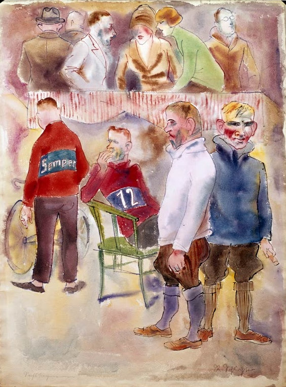 Radrennfahrer und Zuschauer in Pullovern und Mänteln im Gespräch – Rudolf Schlichter Sechstagerennen Kunstkopie