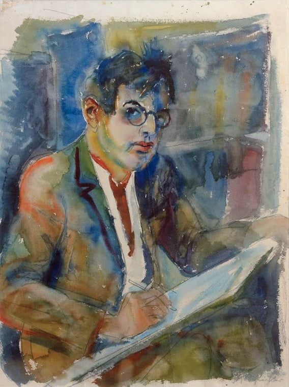 Mann mit runder Brille zeichnet auf einem Block, in kräftigen Aquarellfarben – Rudolf Schlichter Selbstbildnis Kunstkopie