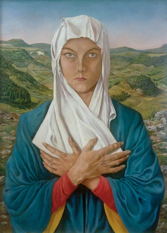 Frau mit weißem Kopftuch und blauem Mantel vor Hügeln – Rudolf Schlichter Speedy als Madonna Kunstkopie