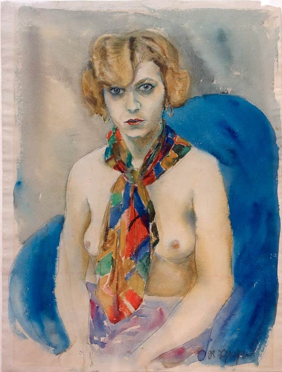 Frau mit blondem Bubikopf und buntem Halstuch vor blauem Sessel, Halbakt – Rudolf Schlichter Speedy Halbakt Kunstkopie