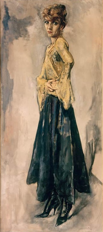 Frau in gelber Bluse und dunklem Rock, ganzfigurig – Rudolf Schlichter Speedy stehend Kunstkopie