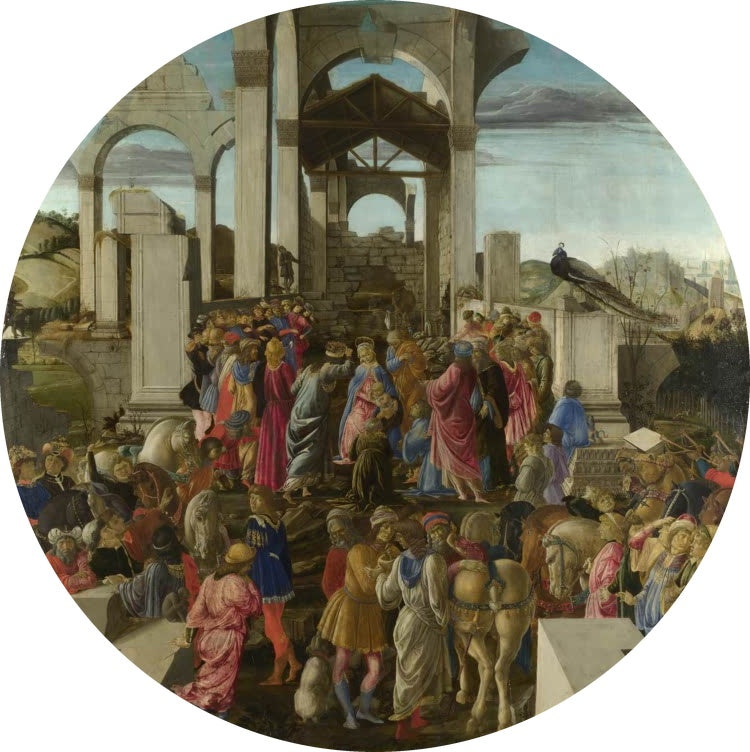 Sandro Botticelli Anbetung der Könige Kunstkopie, rundes Gemälde mit Heiliger Familie, Königen und Menschenmenge vor Ruinen