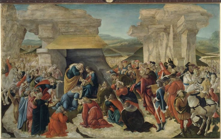 Anbetung des Kindes durch viele Könige und Gefolge vor antiken Ruinen – Sandro Botticelli Anbetung der Könige Kunstkopie
