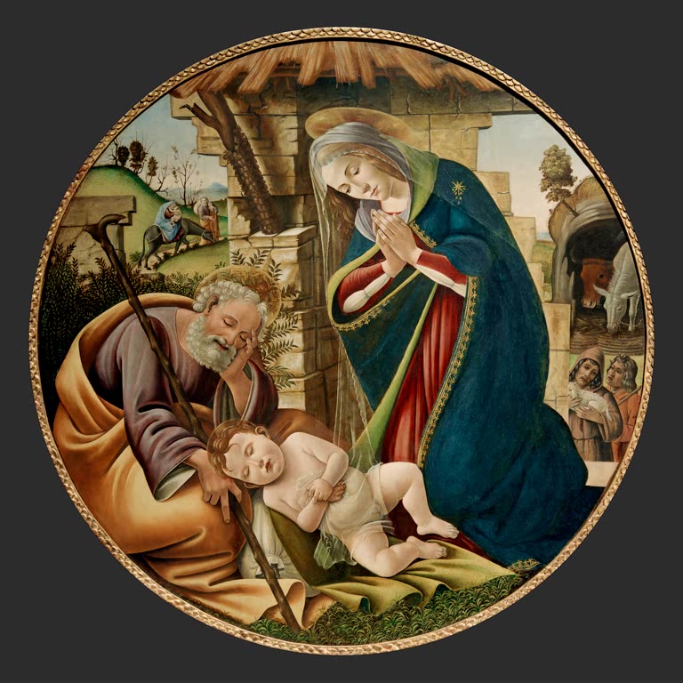 Rundbild: Maria betet das schlafende Kind an, daneben Josef und Stall – Sandro Botticelli Anbetung des Kindes Kunstkopie