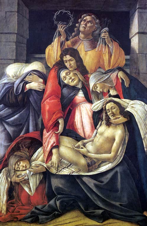 Trauernde Frauen und Johannes halten den toten Christus, oben Dornenkrone – Sandro Botticelli Beweinung Christi Kunstkopie