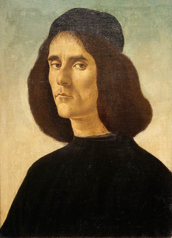 Mann mit dunkler Kappe und schulterlangem Haar vor hellem Grund – Sandro Botticelli Bildnis des Michael Marullus Kunstkopie