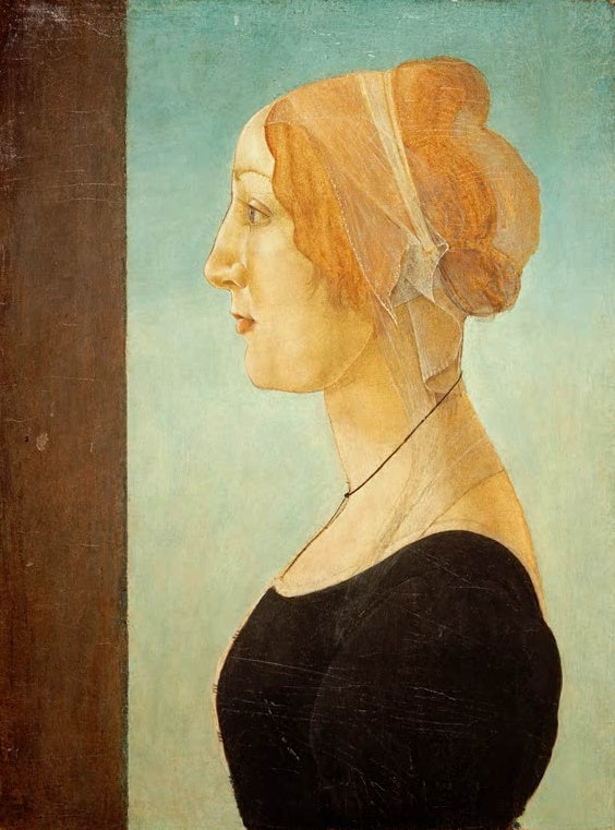 Sandro Botticelli Bildnis einer Frau im Profil Kunstkopie, junge Frau mit rotgoldenem Haar vor türkisem Grund