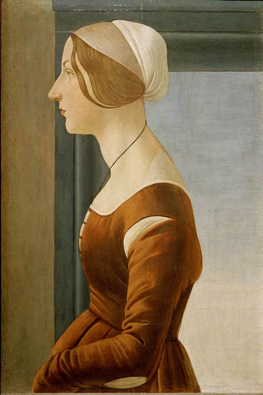 Frau im Profil mit weißer Haube und braunem Kleid vor einer Fensternische – Sandro Botticelli Bildnis einer Frau Kunstkopie