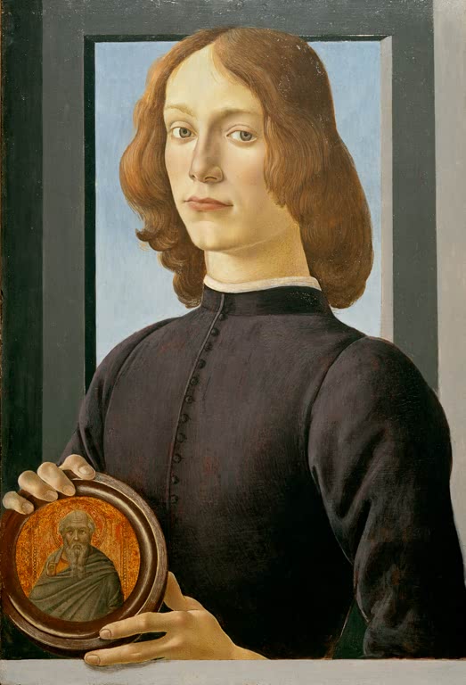 Junger Mann hält ein kleines Rundbild – Sandro Botticelli Bildnis eines jungen Mannes mit Medaillon Kunstkopie
