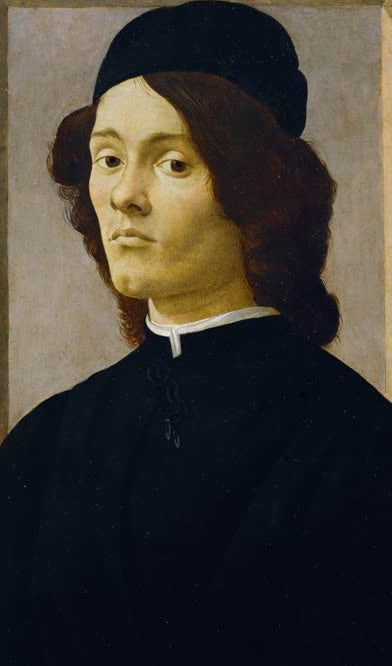 Sandro Botticelli Bildnis eines jungen Mannes Kunstkopie, Mann mit dunkler Kappe und langem lockigem Haar vor grauem Grund