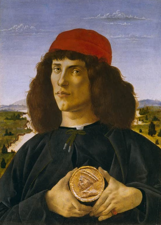 Sandro Botticelli Bildnis mit der Medaille von Cosimo Kunstkopie, junger Mann mit roter Kappe hält goldene Medaille