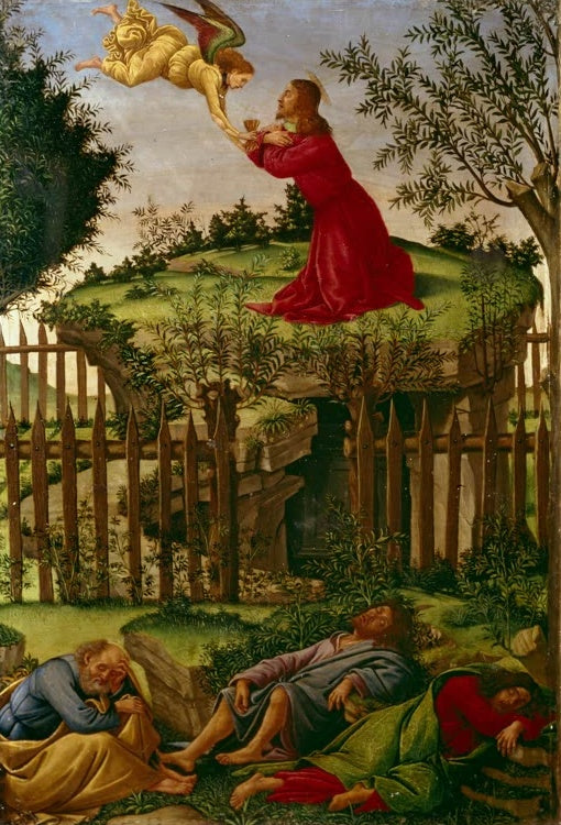 Christus betet auf einem Hügel hinter Zaun, unten schlafen drei Jünger – Sandro Botticelli Christus am Ölberg Kunstkopie