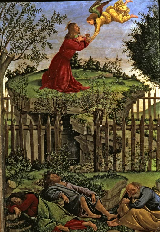 Christus betet im Garten, ein Engel reicht den Kelch, unten schlafen Jünger – Sandro Botticelli Christus am Ölberg Kunstkopie