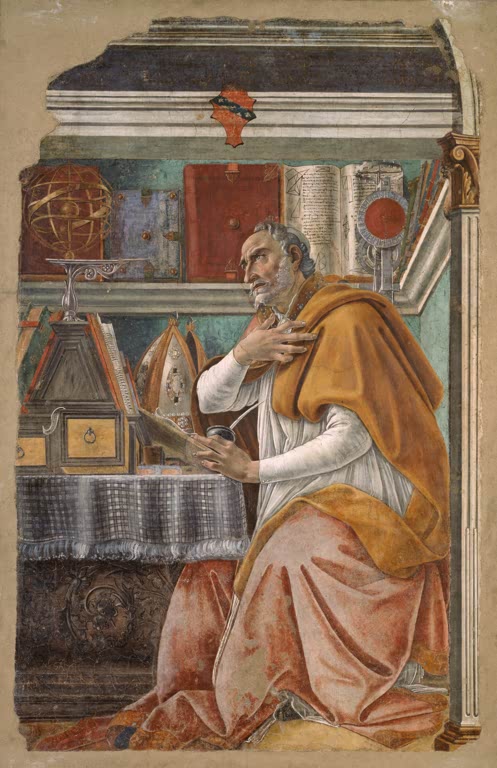 Heiliger sitzt schreibend am Tisch in einem Studierzimmer mit Büchern – Sandro Botticelli Der Heilige Augustinus Kunstkopie