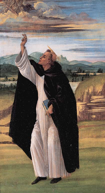 Heiliger im schwarzen Mantel hebt die Hand zum Himmel in Landschaft – Sandro Botticelli Der heilige Dominikus Kunstkopie