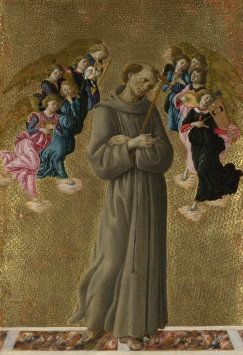 Sandro Botticelli Heiliger Franziskus Kunstkopie, Mönch mit Kreuz vor Goldgrund umgeben von musizierenden Engeln