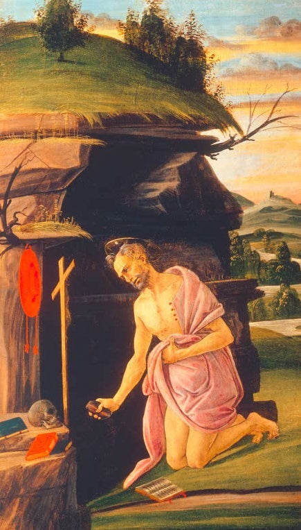 Sandro Botticelli Heiliger Hieronymus in der Wüste Kunstkopie, büßender Einsiedler kniet vor Höhle mit Kreuz und Totenkopf