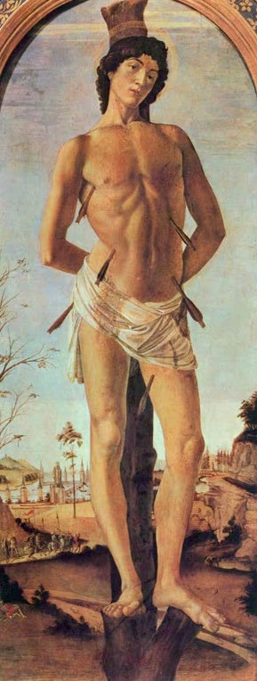 Sandro Botticelli Heiliger Sebastian Kunstkopie, von Pfeilen durchbohrter Heiliger vor weiter Flusslandschaft
