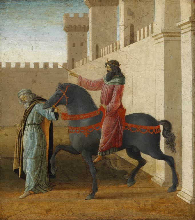 Reiter auf dunklem Pferd, daneben ein alter Mann vor einer Mauer – Sandro Botticelli Der Triumph des Mordechai Kunstkopie
