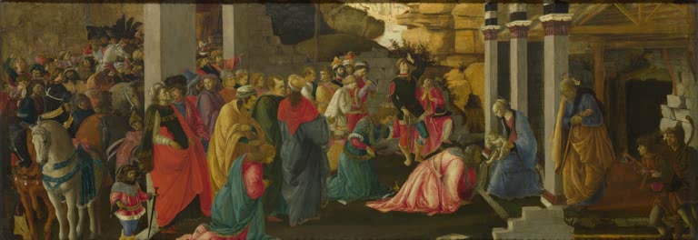 Könige und Gefolge huldigen Maria mit Kind vor Stall – Sandro Botticelli Die Anbetung der Könige Kunstkopie