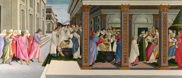 Heilungsszenen vor Palastarchitektur mit vielen Figuren – Sandro Botticelli Die drei Wunder des heiligen Zenobius Kunstkopie